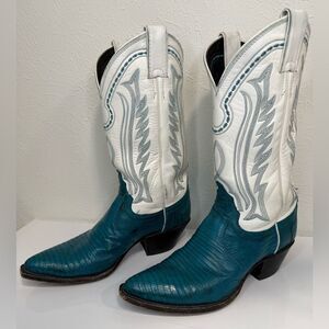 Justin Boots Vintage White Teal Western Cowgirl Boots Lizard Stitch 6.5 RARE
